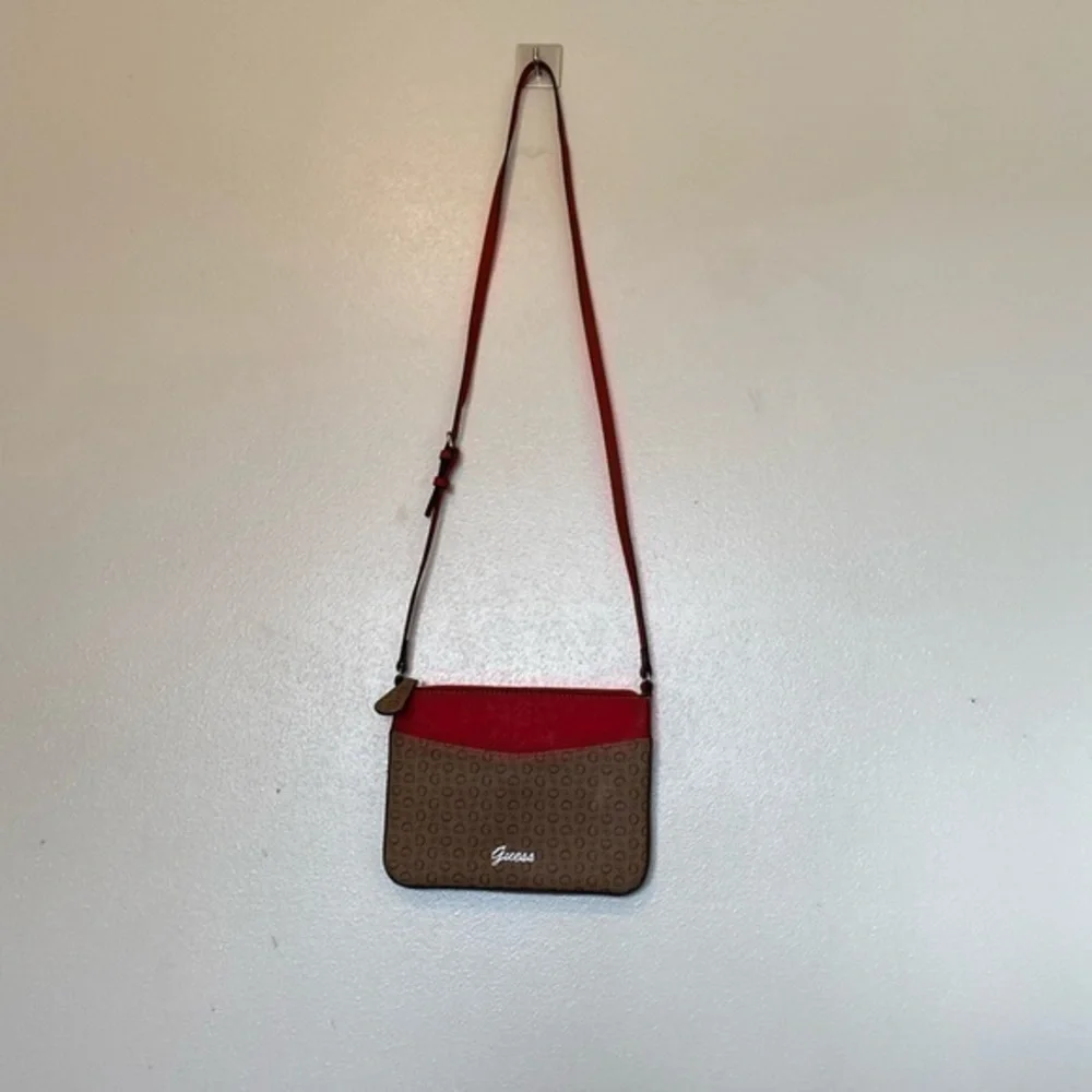 Guess red tan cross body bling two pocket zip up purse adjustable strap